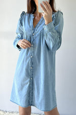 Stijlvolle Ruffled Denim Jurk met V-Hals - Mini Dresses - Jurkjes.co