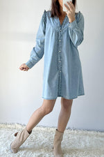 Stijlvolle Ruffled Denim Jurk met V-Hals - Mini Dresses - Jurkjes.co