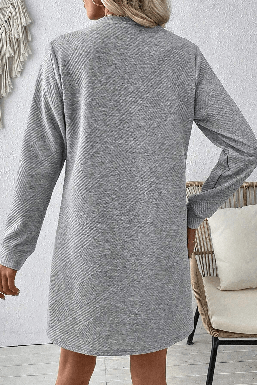 Stijlvolle Textuur Shift Jurk met Lange Mouw - Mini Dresses - Jurkjes.co