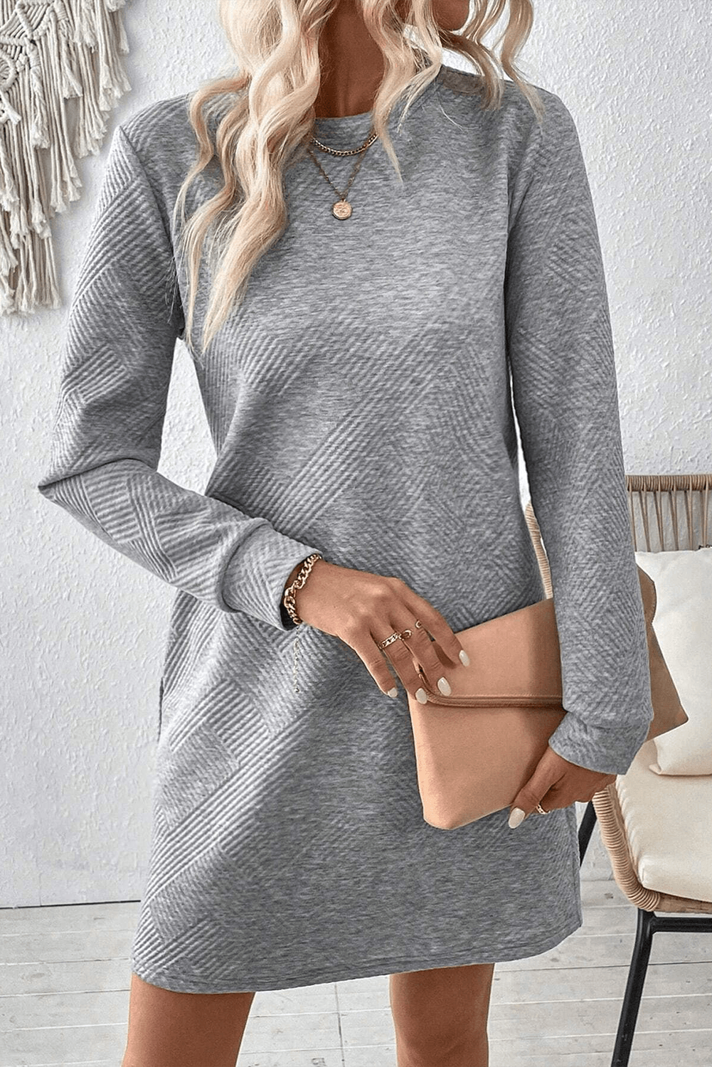 Stijlvolle Textuur Shift Jurk met Lange Mouw - Mini Dresses - Jurkjes.co