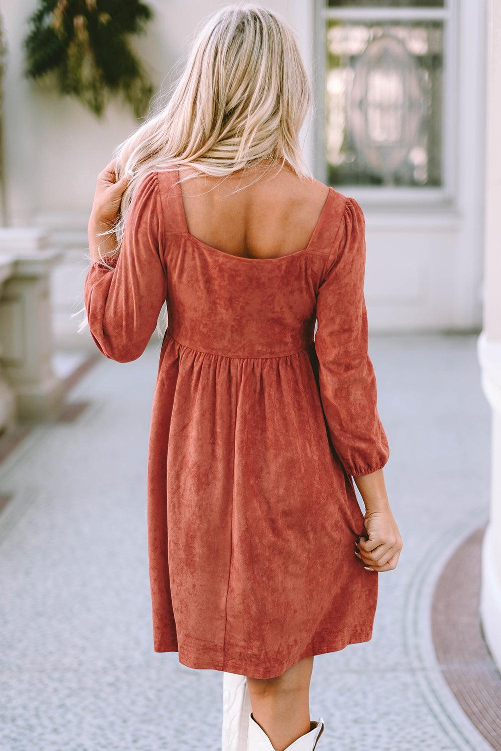 Suède Jurk met Vierkante Hals en Pofmouwen - Mini Dresses - Jurkjes.co