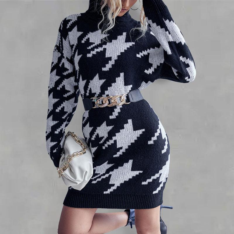 Sweater Jurk met Hoge Hals en Houndstooth - Group12 - Jurkjes.co