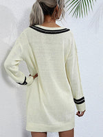 Sweater Jurk met V-hals en Stijlvolle Stiksels - Maxi Dresses - Jurkjes.co