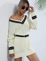 Sweater Jurk met V-hals en Stijlvolle Stiksels - Maxi Dresses - Jurkjes.co