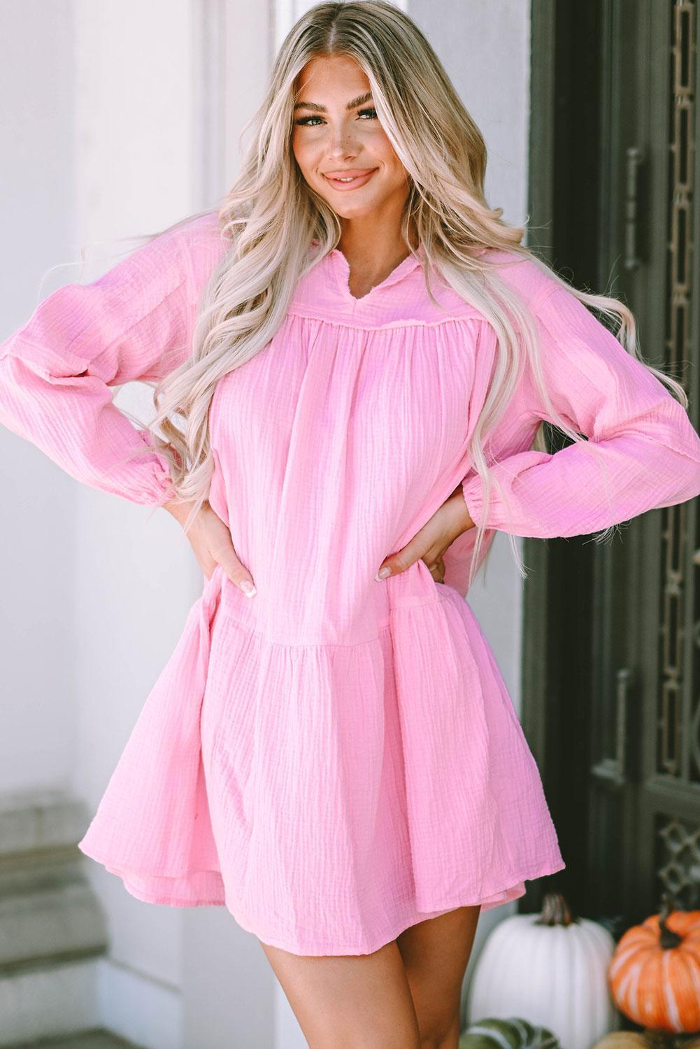 Textuur Jurk met Bubbelmouwen - Mini Dresses - Jurkjes.co