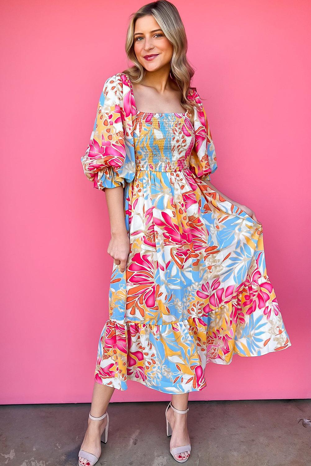 Tropische Maxi Jurk met Pofmouwen - Floral Dresses - Jurkjes.co