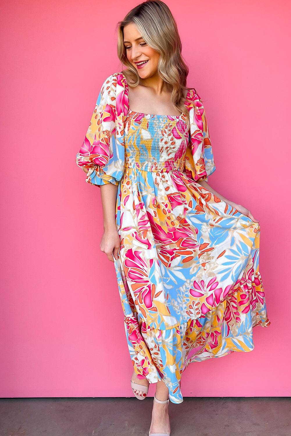 Tropische Maxi Jurk met Pofmouwen - Floral Dresses - Jurkjes.co