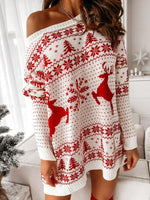 Trui Jurk met Kerstpatroon en Off-Shoulder - Mini Dresses - Jurkjes.co