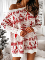 Trui Jurk met Kerstpatroon en Off-Shoulder - Mini Dresses - Jurkjes.co