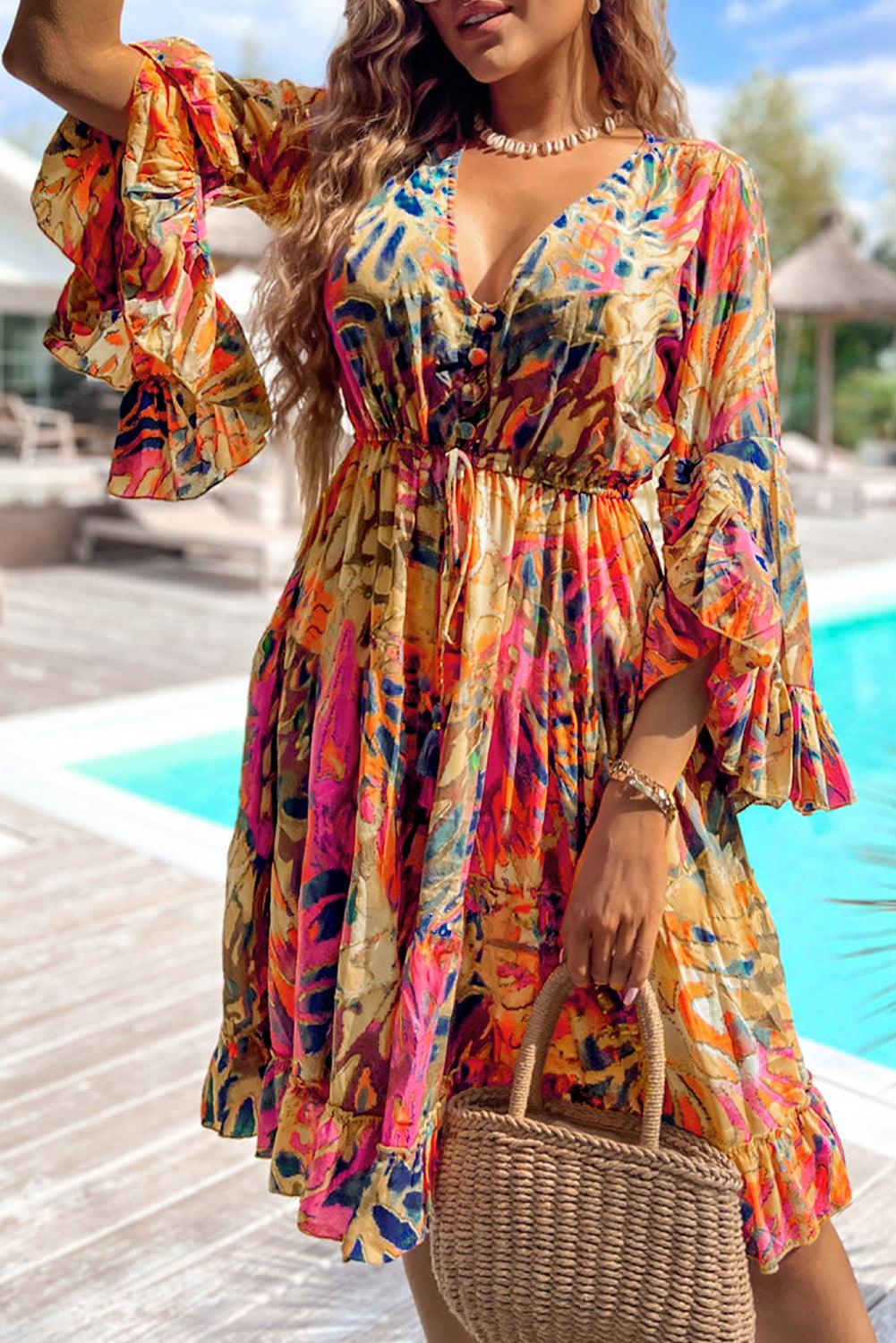 Tuniek Jurk met Bloemenprint en Ruches - Mini Dresses - Jurkjes.co