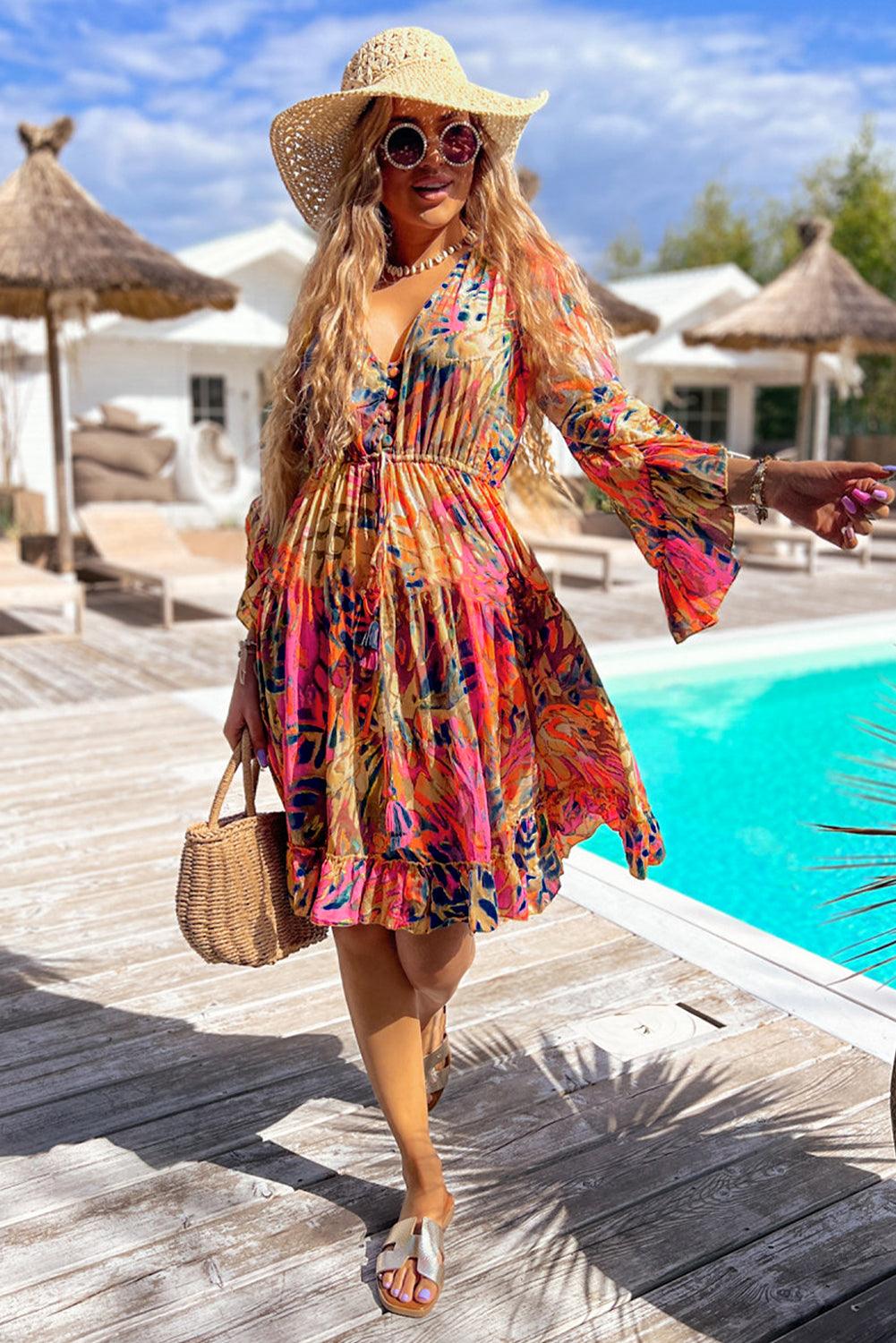 Tuniek Jurk met Bloemenprint en Ruches - Mini Dresses - Jurkjes.co