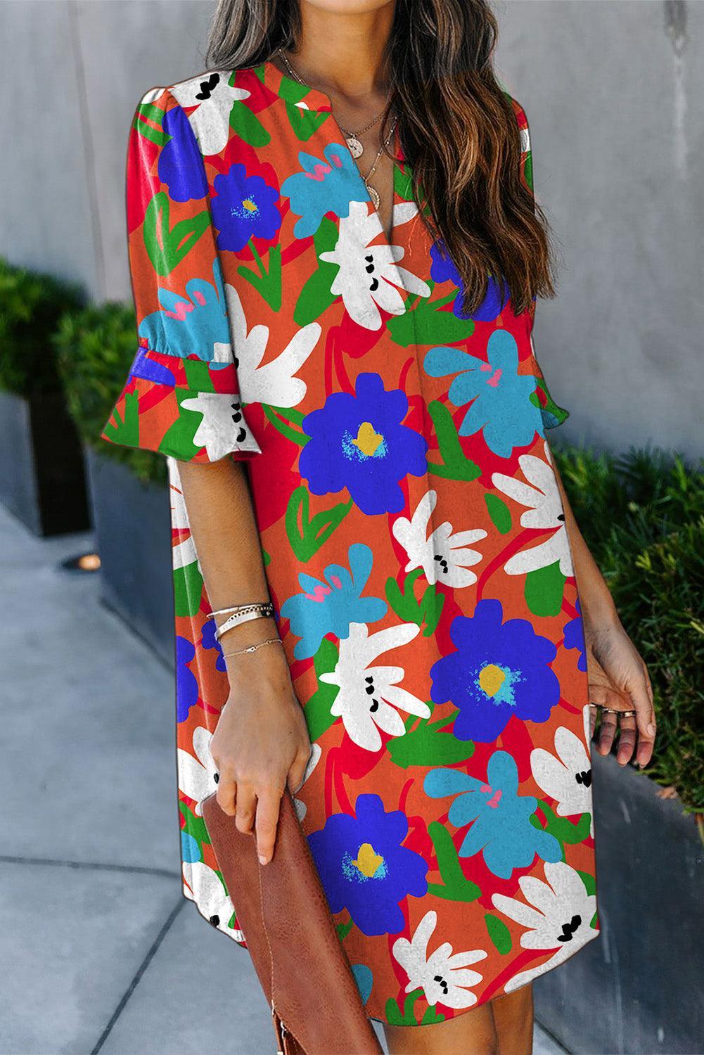 V-Hals Bloemenjurk met Ruchemouwen - Floral Dresses - Jurkjes.co