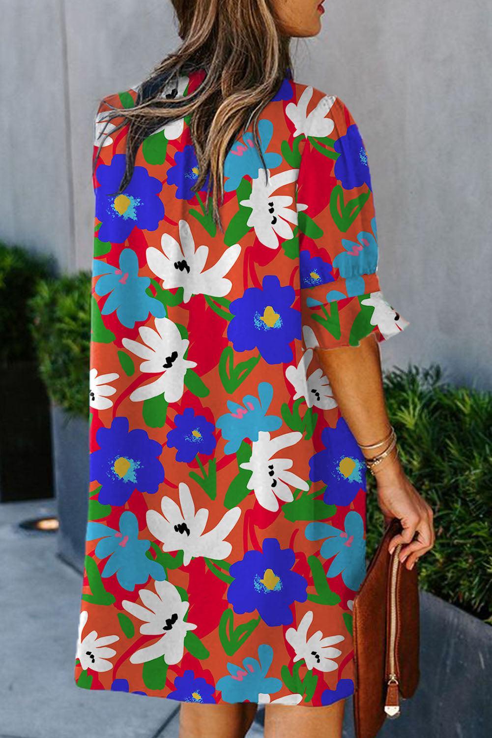 V-Hals Bloemenjurk met Ruchemouwen - Floral Dresses - Jurkjes.co