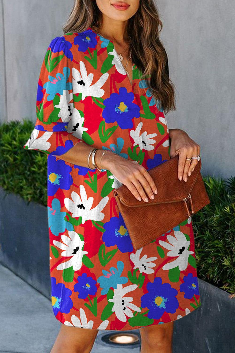 V-Hals Bloemenjurk met Ruchemouwen - Floral Dresses - Jurkjes.co