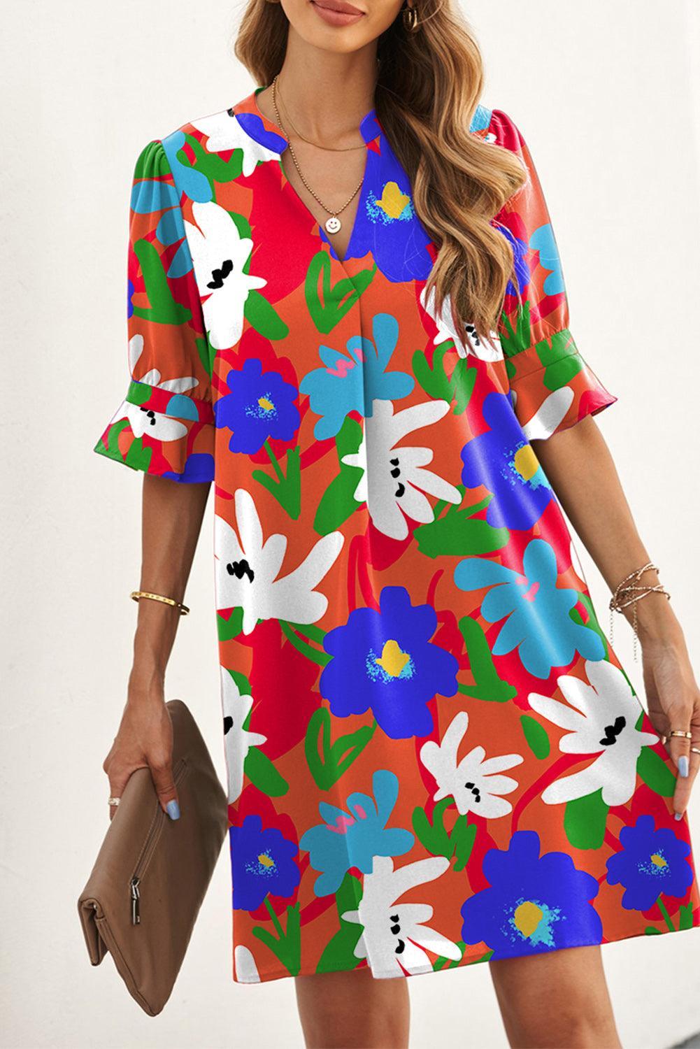 V-Hals Bloemenjurk met Ruchemouwen - Floral Dresses - Jurkjes.co