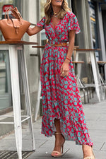 V-hals Maxi Jurk met Bloemen en Ruches - Floral Dresses - Jurkjes.co