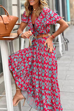 V-hals Maxi Jurk met Bloemen en Ruches - Floral Dresses - Jurkjes.co
