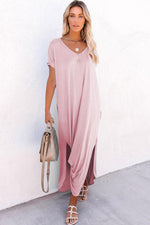 V-Hals Maxi T-shirt Jurk met Split & Zak - T Shirt Dresses - Jurkjes.co
