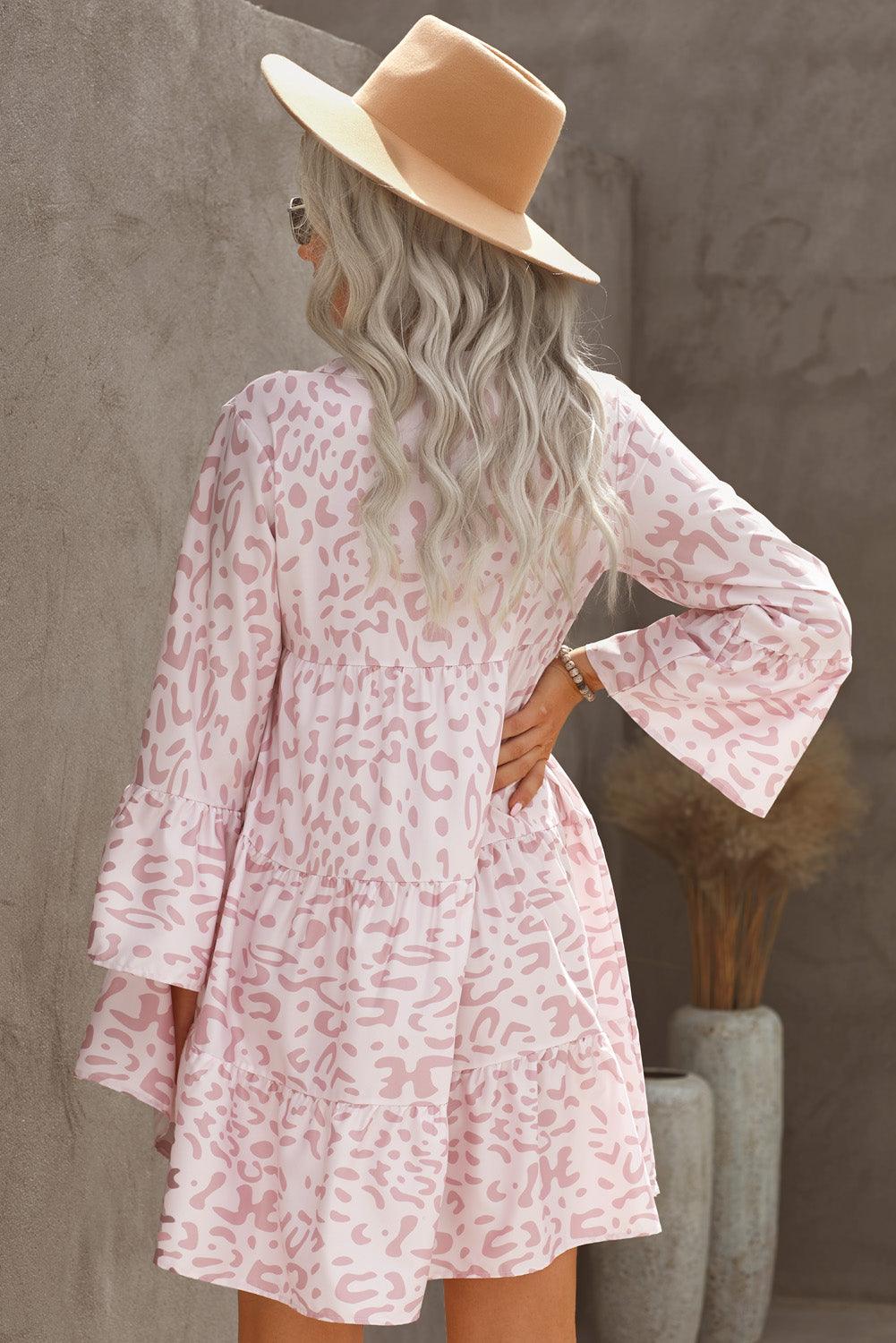 V-hals Ruffle Swing Mini Jurk met Luipaardprint - Mini Dresses - Jurkjes.co