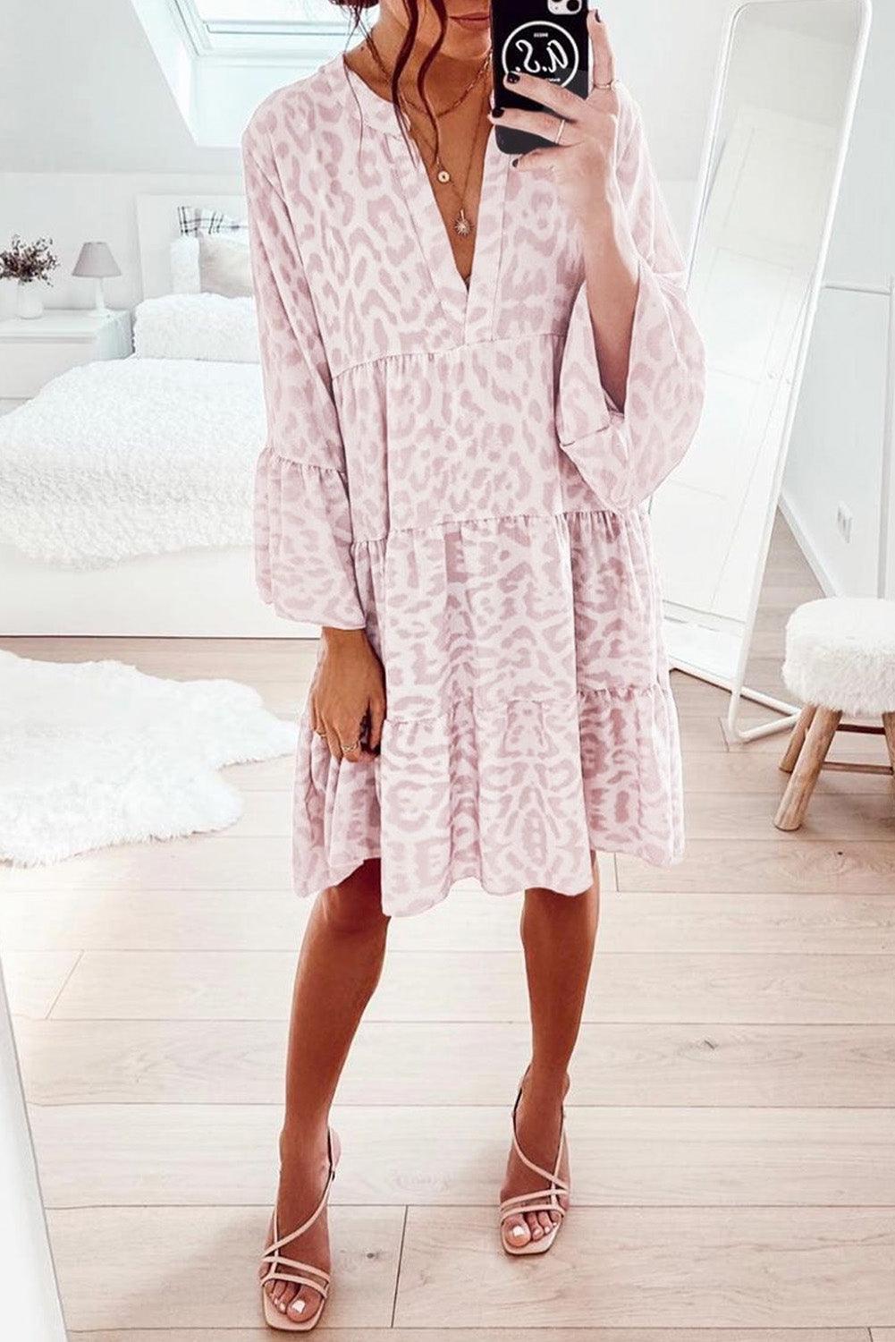 V-hals Ruffle Swing Mini Jurk met Luipaardprint - Mini Dresses - Jurkjes.co