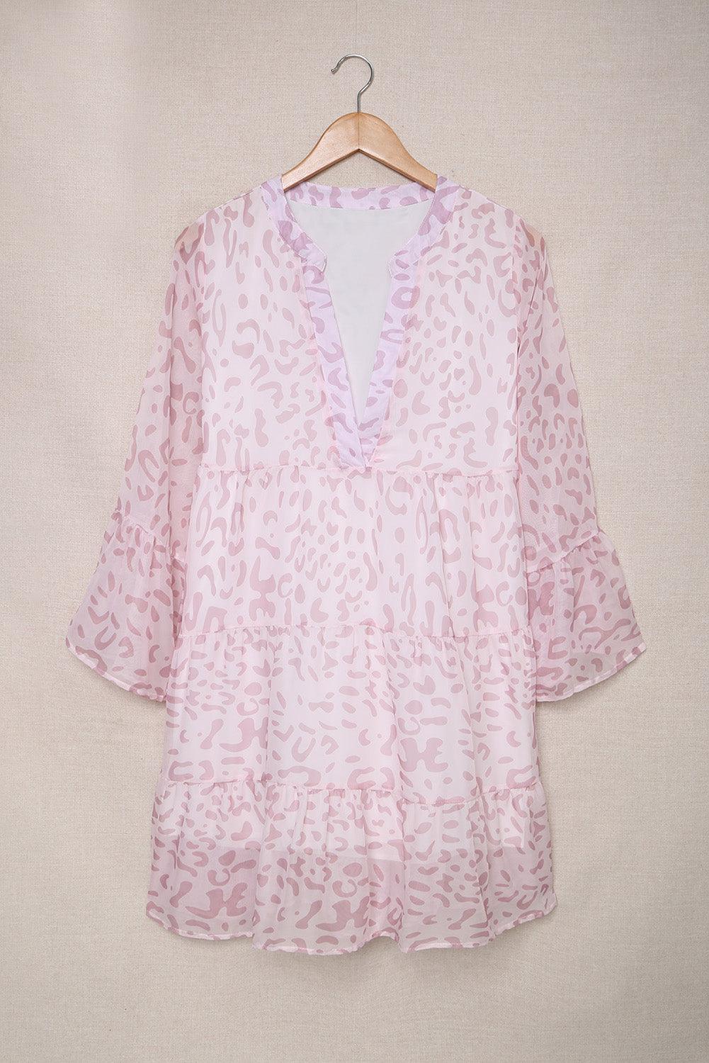 V-hals Ruffle Swing Mini Jurk met Luipaardprint - Mini Dresses - Jurkjes.co
