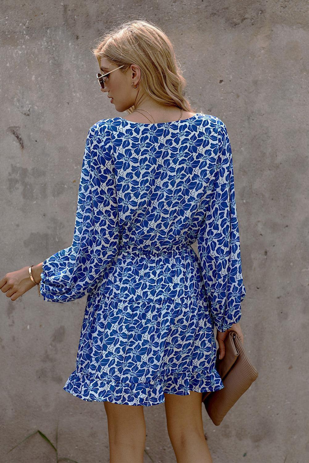 V-hals Tuniekjurk met Lantaarnmouwen en Bloemen - Floral Dresses - Jurkjes.co