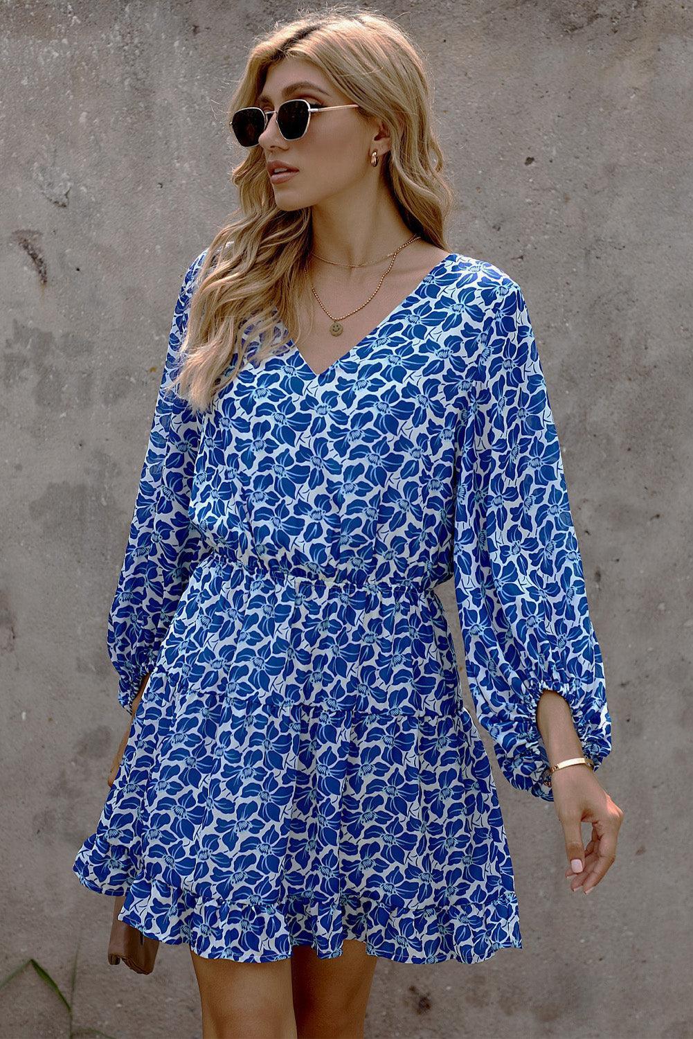 V-hals Tuniekjurk met Lantaarnmouwen en Bloemen - Floral Dresses - Jurkjes.co