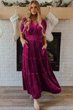 Velvet Maxi Jurk met Korte Mouwen en Gelaagde Rok - Maxi Dresses - Jurkjes.co