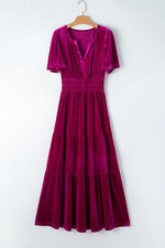 Velvet Maxi Jurk met Korte Mouwen en Gelaagde Rok - Maxi Dresses - Jurkjes.co