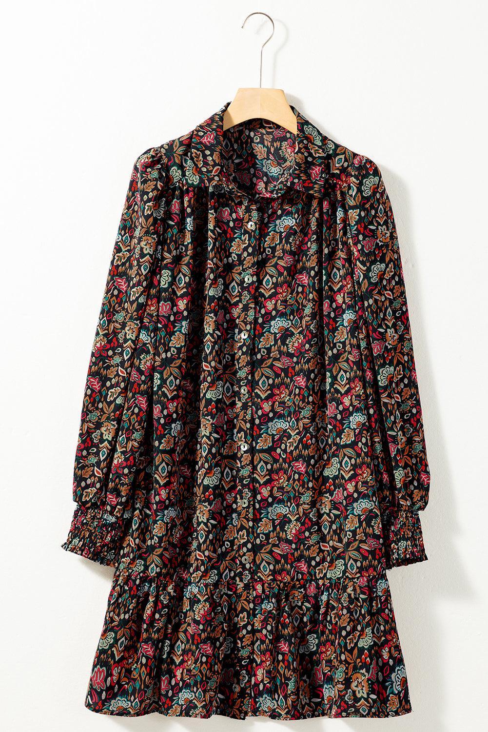 Vintage Bloemenprint Ruche Jurk met Ceintuur - Floral Dresses - Jurkjes.co