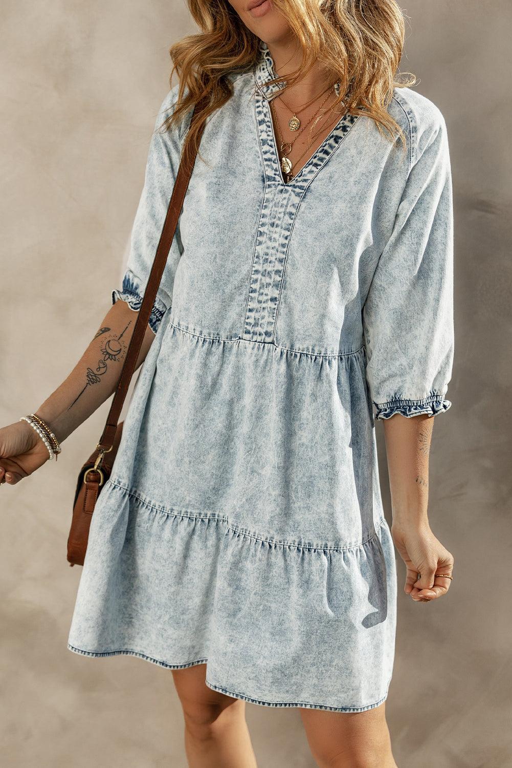 Vintage Denim Jurk met Wijde Mouwen - Mini Dresses - Jurkjes.co