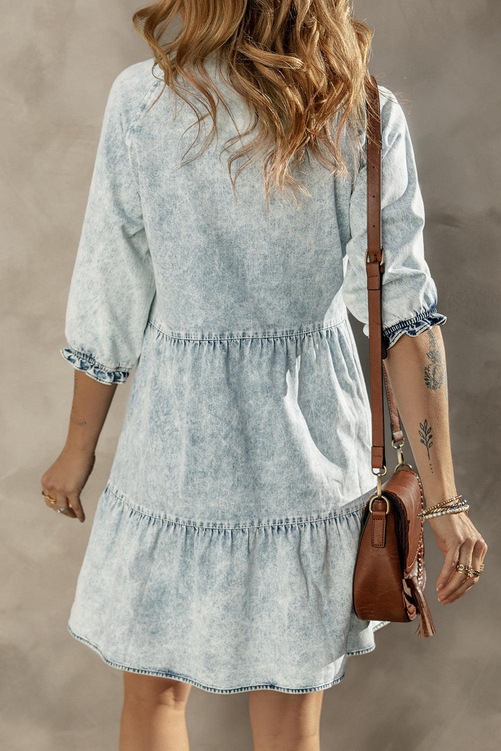 Vintage Denim Jurk met Wijde Mouwen - Mini Dresses - Jurkjes.co