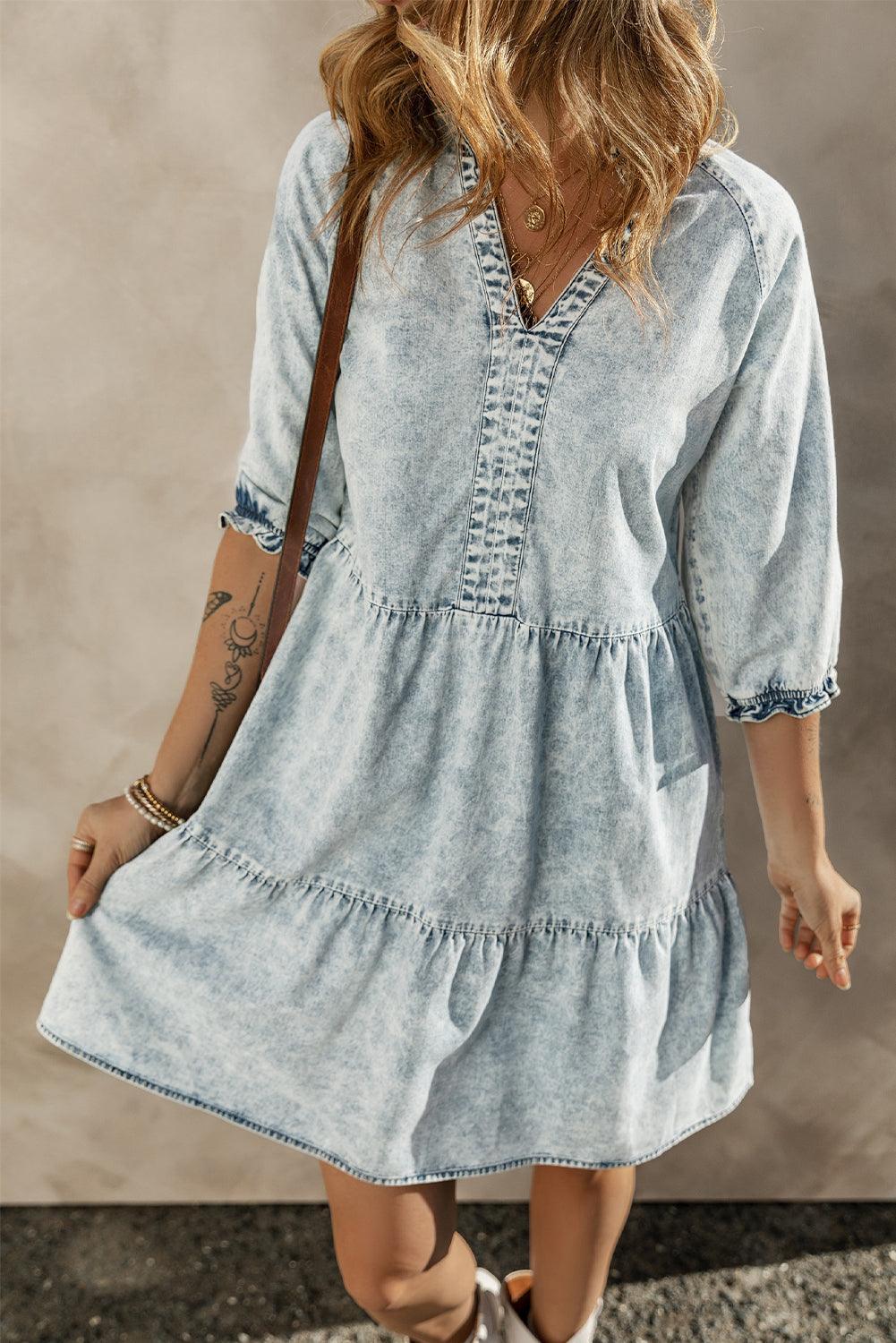 Vintage Denim Jurk met Wijde Mouwen - Mini Dresses - Jurkjes.co