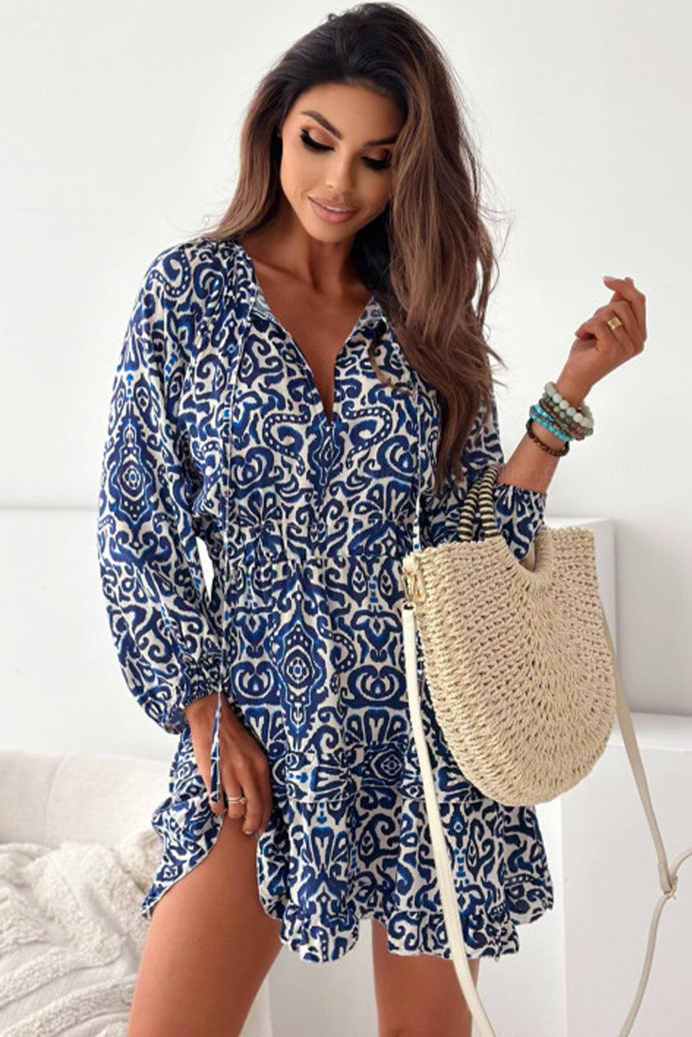 Vintage Print Mini Jurk met Lange Mouwen en V-hals - Mini Dresses - Jurkjes.co
